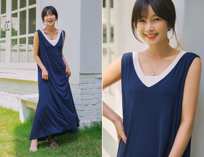 아이스모찌 배색 V넥 맥시 원피스